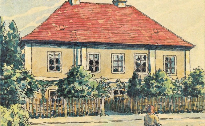 Zobrazit obrázek: Fara na kresbě Jana Jiraucha z roku 1946
